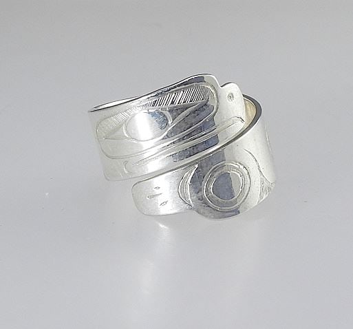 Kwagiulth Silver Spiral Ring Monogrammed EJ, Size 7 1/2, 4.6g.: Kwagiulth Silver Spiral Ring Monogrammed EJ, Size 7 1/2, 4.6g.