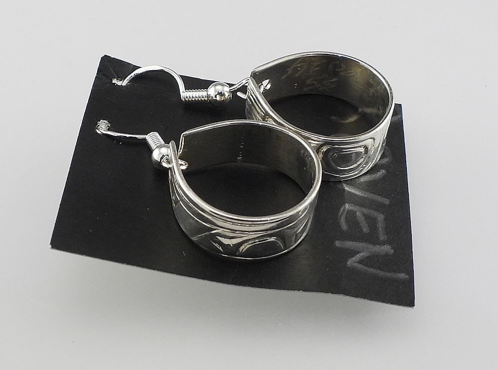 Pair of Kwagiulth Silver Hoop Earrings Monogrammed SS (Solomon Seward) 5.7g, "Ravens".: Pair of Kwagiulth Silver Hoop Earrings Monogrammed SS (Solomon Seward) 5.7g, "Ravens".