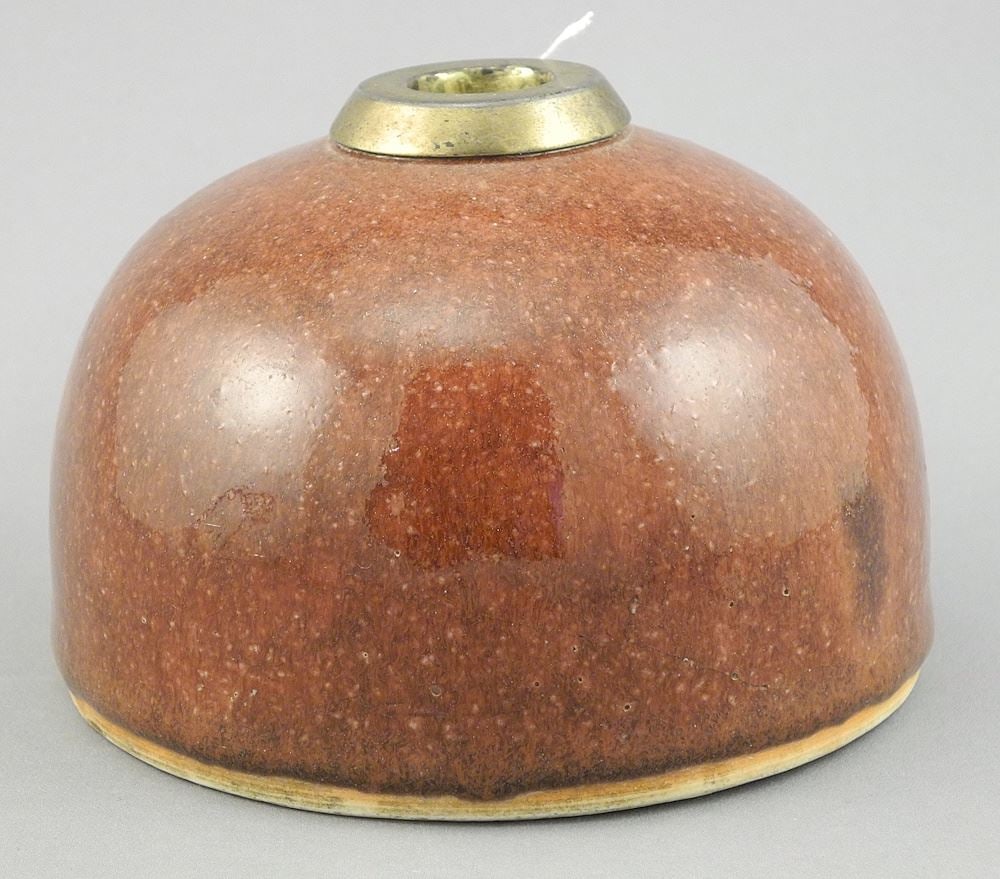 Chinese Peach Bloom Porcelain Brush Washer, Kangxi Mark, 3 1/8"h (rim replaced).: Chinese Peach Bloom Porcelain Brush Washer, Kangxi Mark, 3 1/8"h (rim replaced).