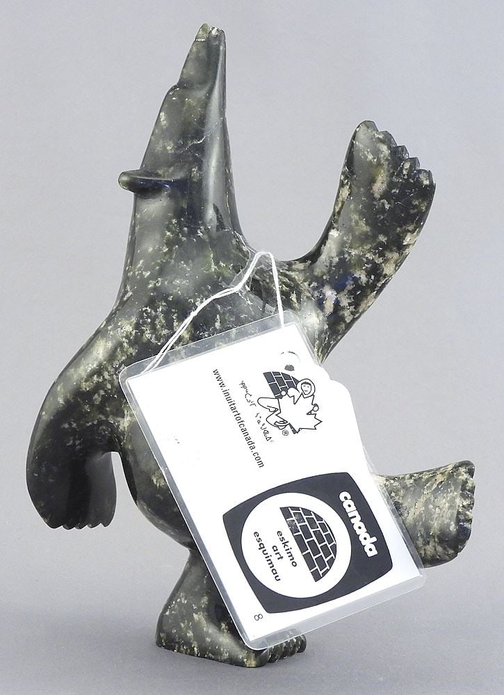 Inuit Stone Sculpture signed Noah Kelly, 6 7/8"h "Dancing Bear" with Tag.: Inuit Stone Sculpture signed Noah Kelly, 6 7/8"h "Dancing Bear" with Tag.