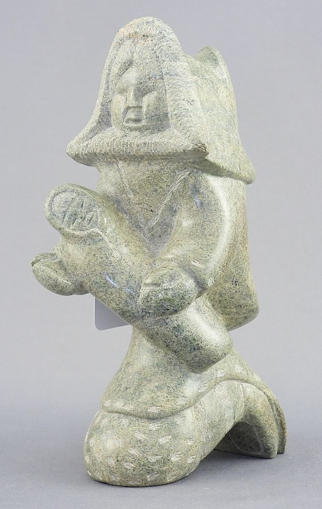 Inuit Stone Carving signed Youtie Soudlus, 6 3/8"h "Mother Child".: Inuit Stone Carving signed Youtie Soudlus, 6 3/8"h "Mother Child".