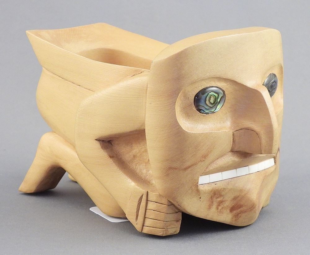 Haida Inlaid Cedar "Human Figure Bowl" signed Desmond Bowker.: Haida Inlaid Cedar "Human Figure Bowl" signed Desmond Bowker.