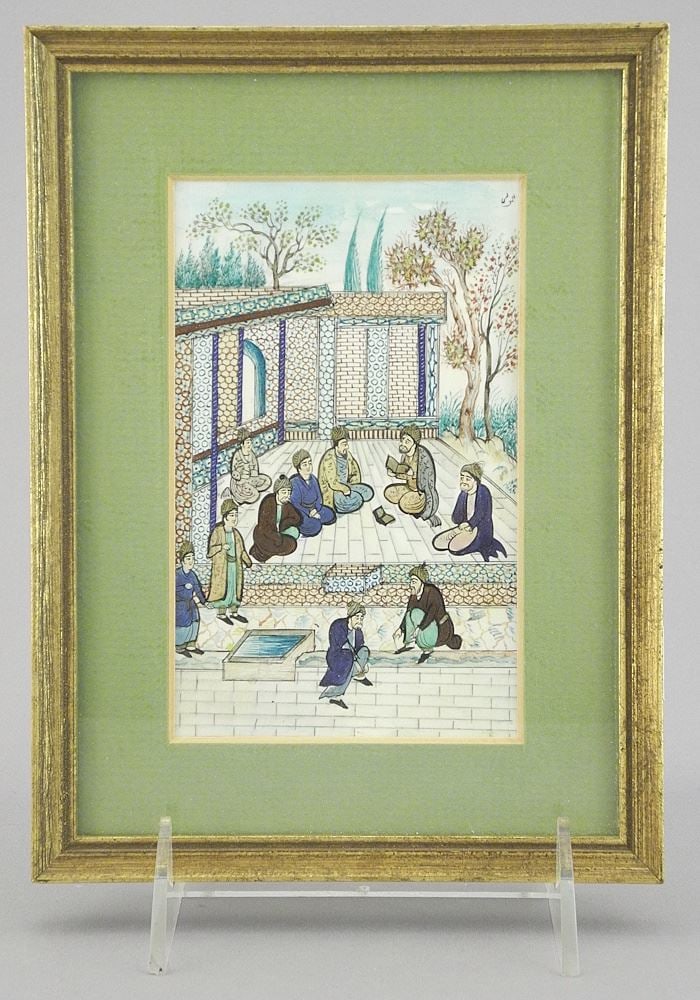 Persian Miniature "Scholars at Madrasa", 5 1/4 x 3 1/4".: Persian Miniature "Scholars at Madrasa", 5 1/4 x 3 1/4".
