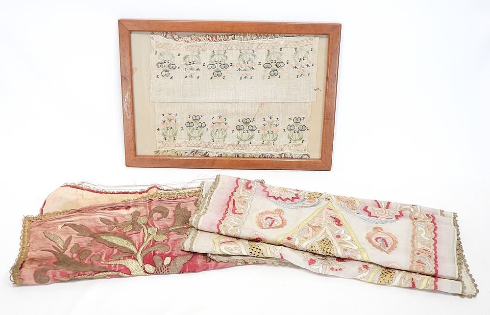 19th C. Ottoman Turkish Silk/Gold Embroidered Runner, Pillow Cover & Sampler, 10 1/2 x 16'.: 19th C. Ottoman Turkish Silk/Gold Embroidered Runner, Pillow Cover & Sampler, 10 1/2 x 16'.