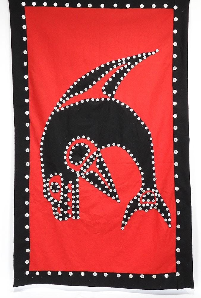 Musqueam Dance Blanket Attributed to Gail Dyck, Approx. 40 x 65", "Killer Whale".: Musqueam Dance Blanket Attributed to Gail Dyck, Approx. 40 x 65", "Killer Whale".