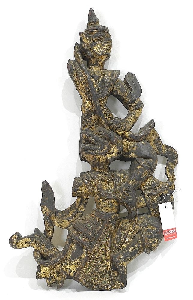 Thai Giltwood Figural Panel, 20 3/4" L.: Thai Giltwood Figural Panel, 20 3/4" L.