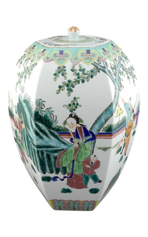 Chinese Hexagonal Famille Rose Porcelain Lantern signed "9 Children " Covered Vase, 13"h.: Chinese Hexagonal Famille Rose Porcelain Lantern signed "9 Children " Covered Vase, 13"h.