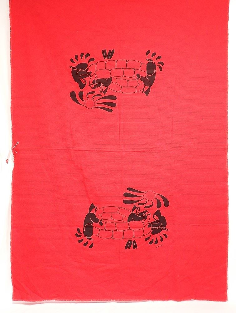 Inuit Double Tapestry Panel One signed Nanogak, 30 x 36", "Double Igloo Scene".: Inuit Double Tapestry Panel One signed Nanogak, 30 x 36", "Double Igloo Scene".