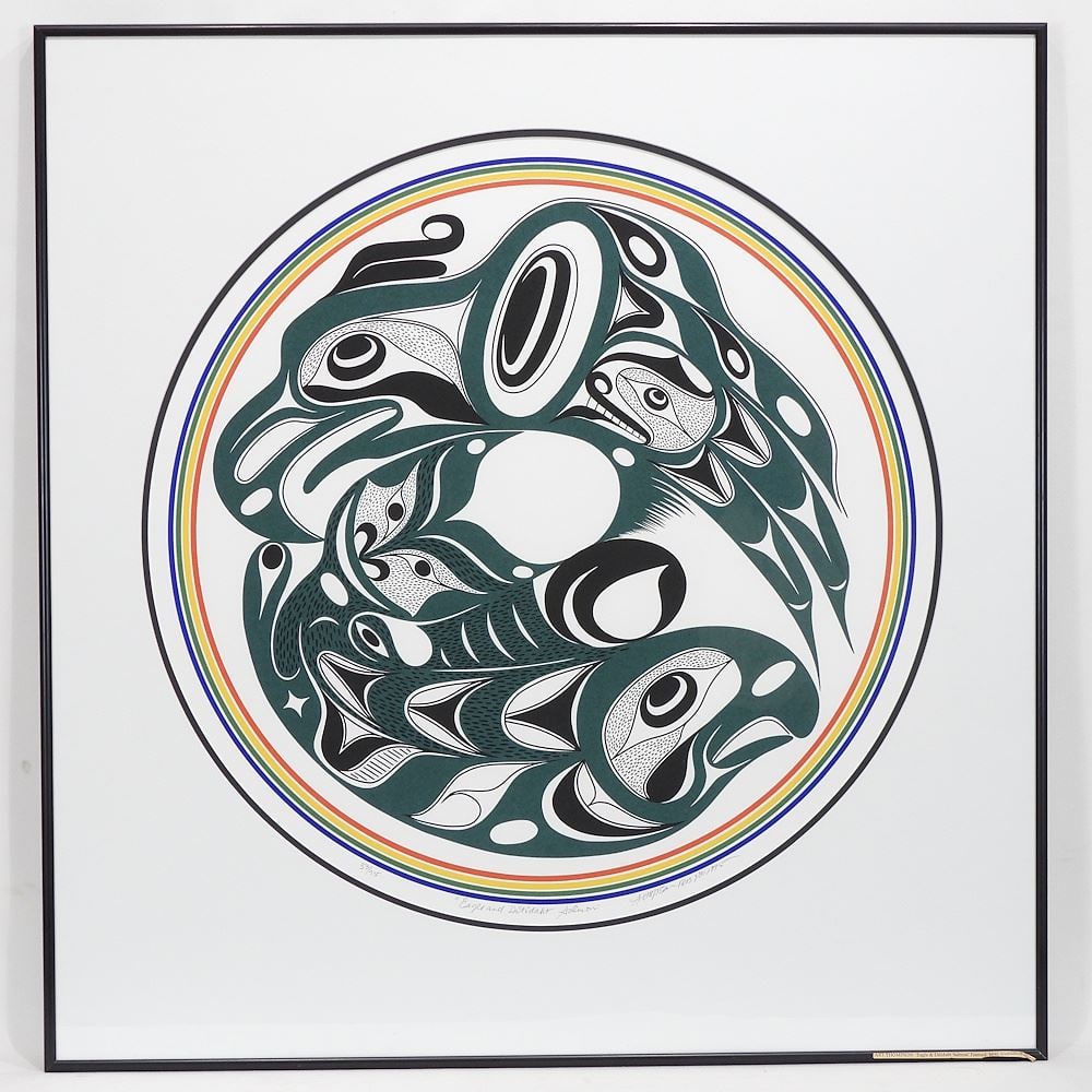 Nuu-Chah-Nulth Serigraph signed A. (Art) Thompson Feb'95, 23 1/2" Diam. "Eagle & Salmon" #53/75.: Nuu-Chah-Nulth Serigraph signed A. (Art) Thompson Feb'95, 23 1/2" Diam. "Eagle & Salmon" #53/75.