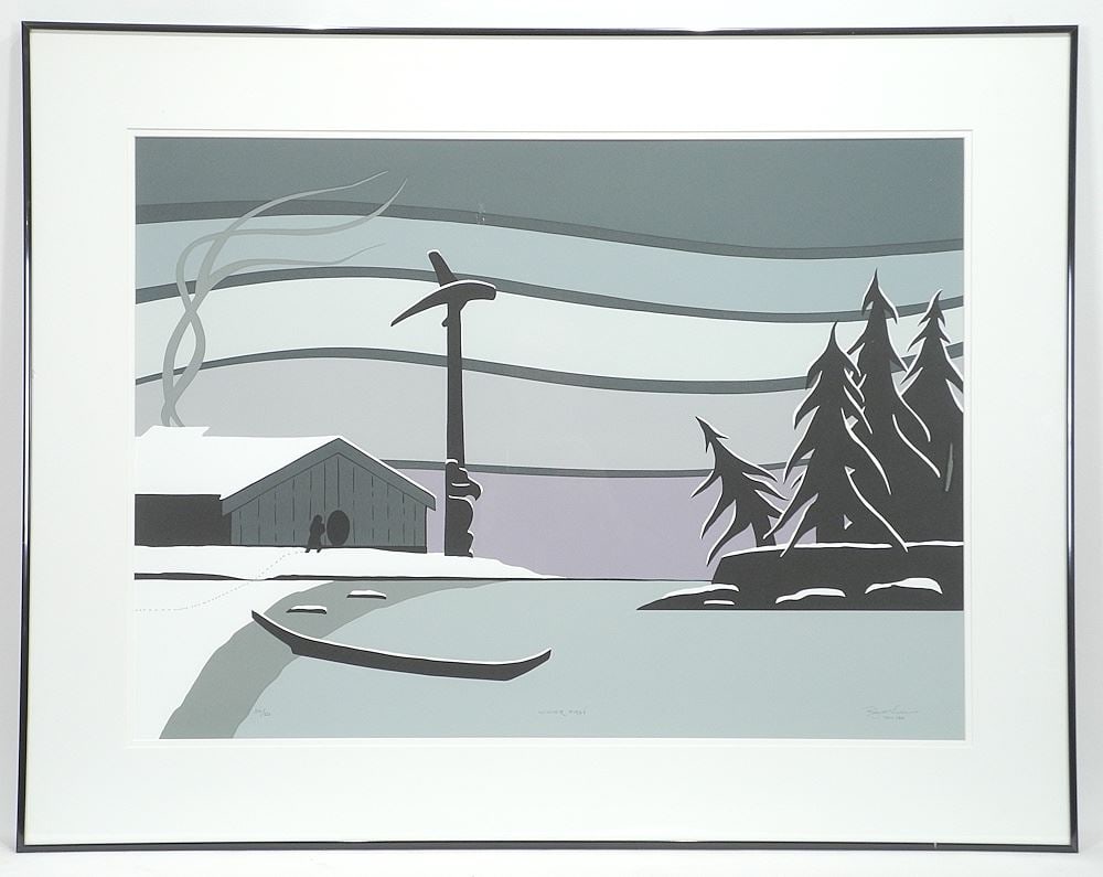 Serigraph signed Roy H. Vickers, 21 x 29", "Winter Fires" #34/50.: Serigraph signed Roy H. Vickers, 21 x 29", "Winter Fires" #34/50.