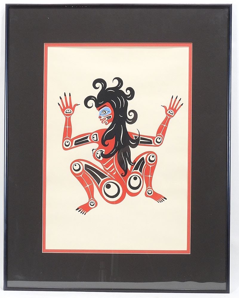 Coast Salish Serigraph by Francis Horne (unsigned), 16 1/4 x 11 1/4" "Fire Woman".: Coast Salish Serigraph by Francis Horne (unsigned), 16 1/4 x 11 1/4" "Fire Woman".