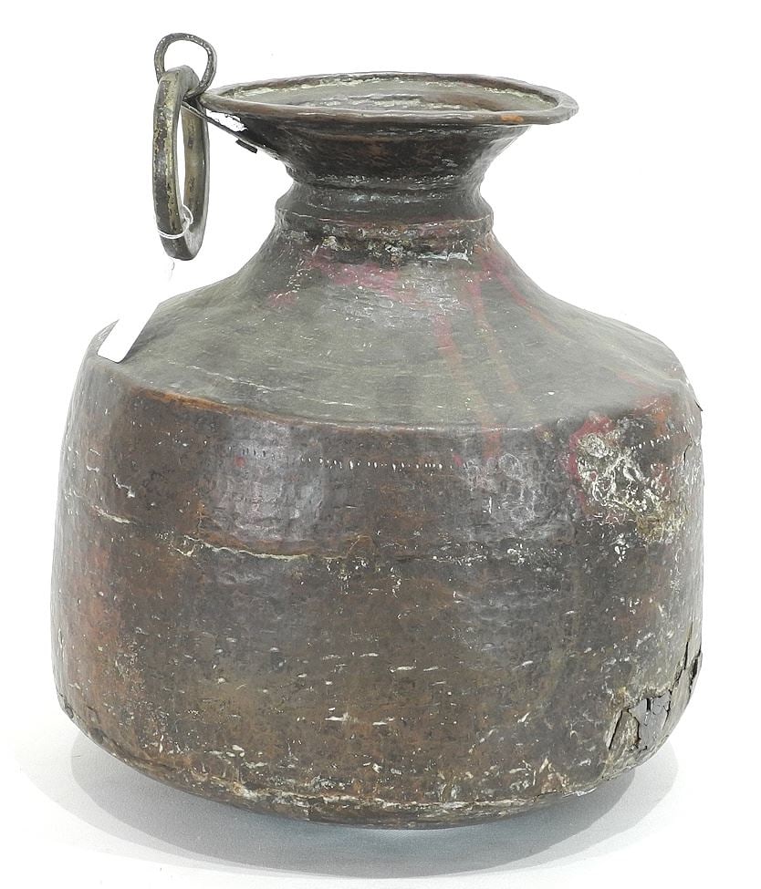 South Asian Copper Alloy Water Pot, 12 3/4"h (as found).: South Asian Copper Alloy Water Pot, 12 3/4"h (as found).