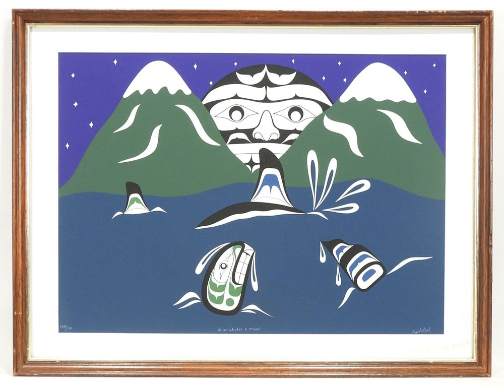 Northwest Coast Serigraph signed William Cook, 15 x 20 3/4" "Killer Whales & Moon" #133/150.: Northwest Coast Serigraph signed William Cook, 15 x 20 3/4" "Killer Whales & Moon" #133/150.