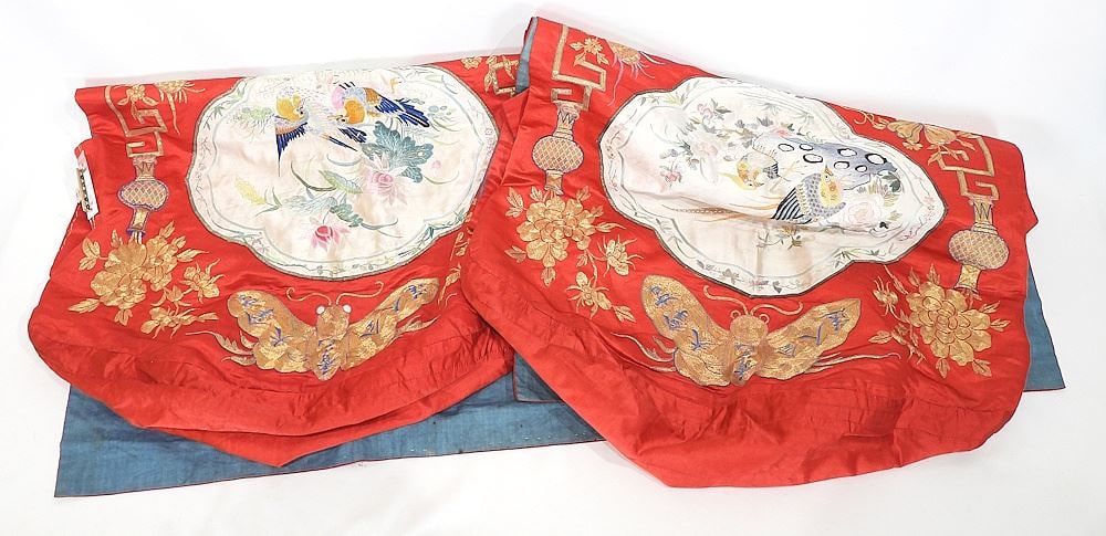 Pair of 19th C. Chinese Silk/ Metallic Embroidered Chair Covers Approx. 60 x 24".: Pair of 19th C. Chinese Silk/ Metallic Embroidered Chair Covers Approx. 60 x 24".