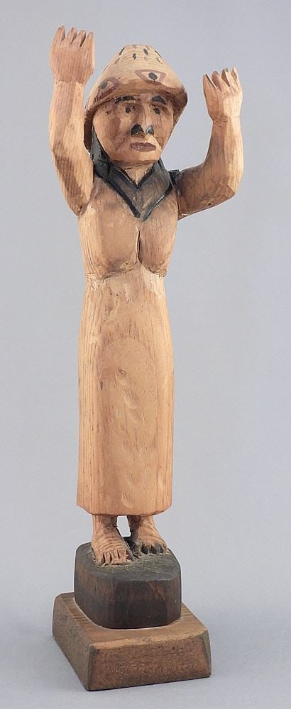 Salish Wood Figure signed Alan J. Charlie Dec '98, 11 3/4"h "Salish Woman Welcoming".: Salish Wood Figure signed Alan J. Charlie Dec '98, 11 3/4"h "Salish Woman Welcoming".