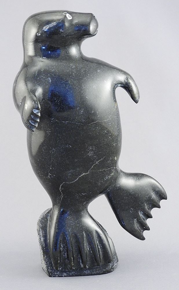Inuit Stone Carving signed (Gideon) Qauqjuaq, 10"h "Dancing Seal".: Inuit Stone Carving signed (Gideon) Qauqjuaq, 10"h "Dancing Seal".