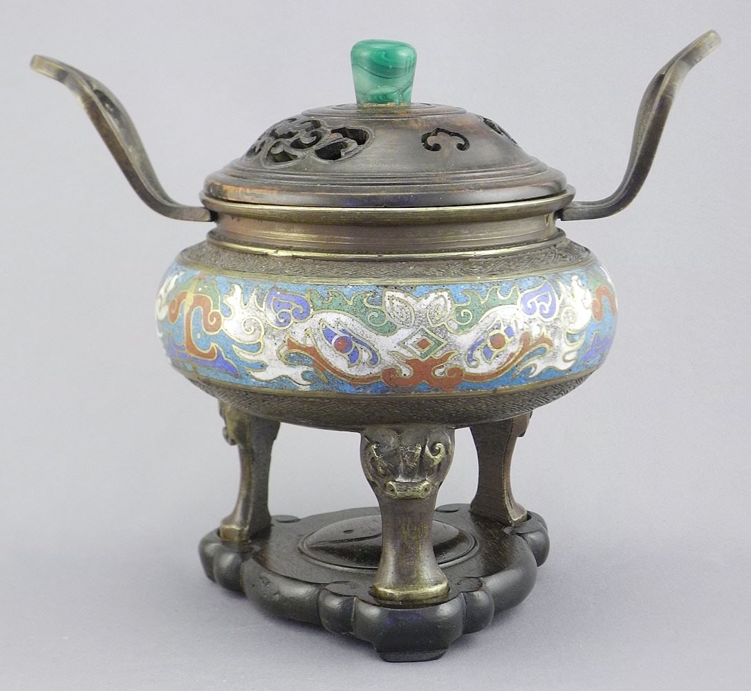 Chinese Champleve Censer with Wood Cover & Stand, 6 3/8"h.: Chinese Champleve Censer with Wood Cover & Stand, 6 3/8"h.