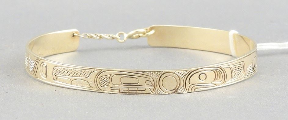 Kwagiulth 14K (clasp marked) Gold Bracelet signed Amos Dawson 8/77, 1/4 x 2 1/4", 7.7g. (1 of 3)