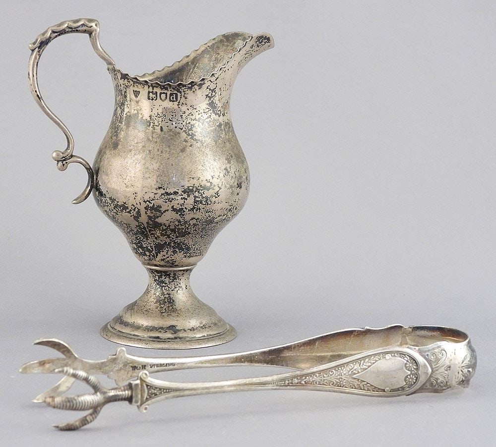 Georgian Style Hallmarked Silver Cream Jug (4 3/4"h/100.4g) & Sterling Nips, 48.7g. (1 of 4)