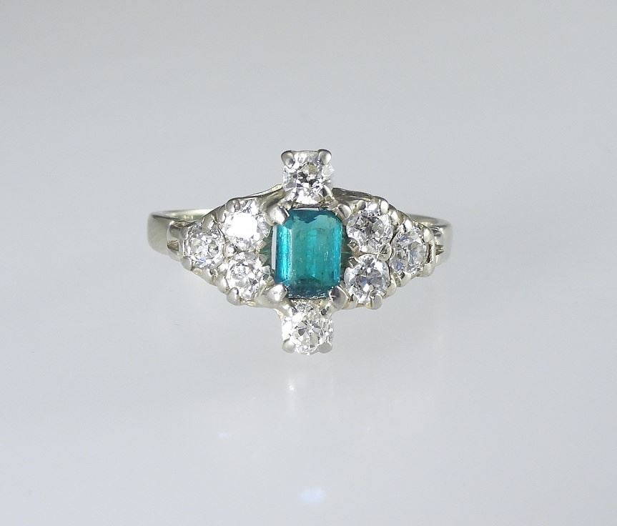 14K White Gold Emerald & Dia. Ring, 0.62 ct Step Cut Emerald, Size 10 3/4, 5g. (1 of 5)
