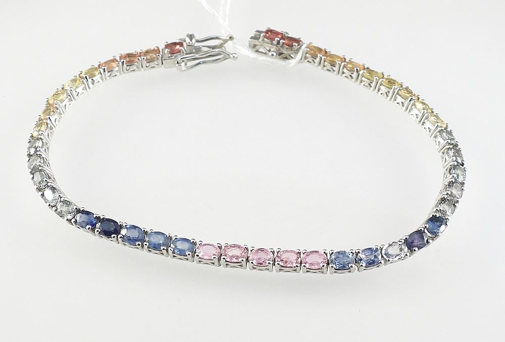 Sterling Silver (marked) STS & Multi Sapphire Tennis Bracelet, 7 1/2"L, 10g. (1 of 3)