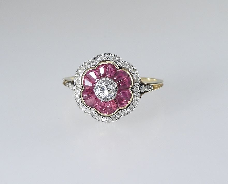 18K Gold & Platinum Diamond and Ruby Ring, Size 8 1/2, 3.5 grams. (1 of 5)