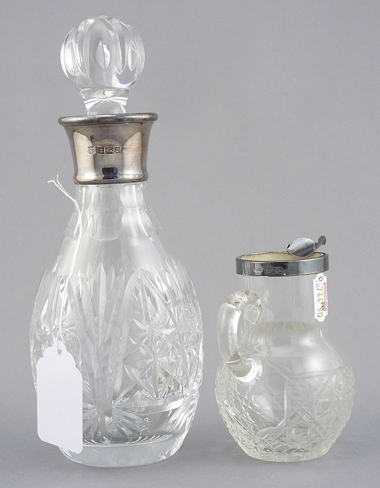 Hallmarked Silver Mounted Small Decanter & Juglet, 7 3/4 & 3 3/4"h. (1 of 2)