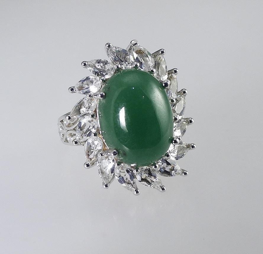 Sterling Silver (925) Jade & Topaz Cocktail Ring, Size 8 1/4, 9.1g. (1 of 4)