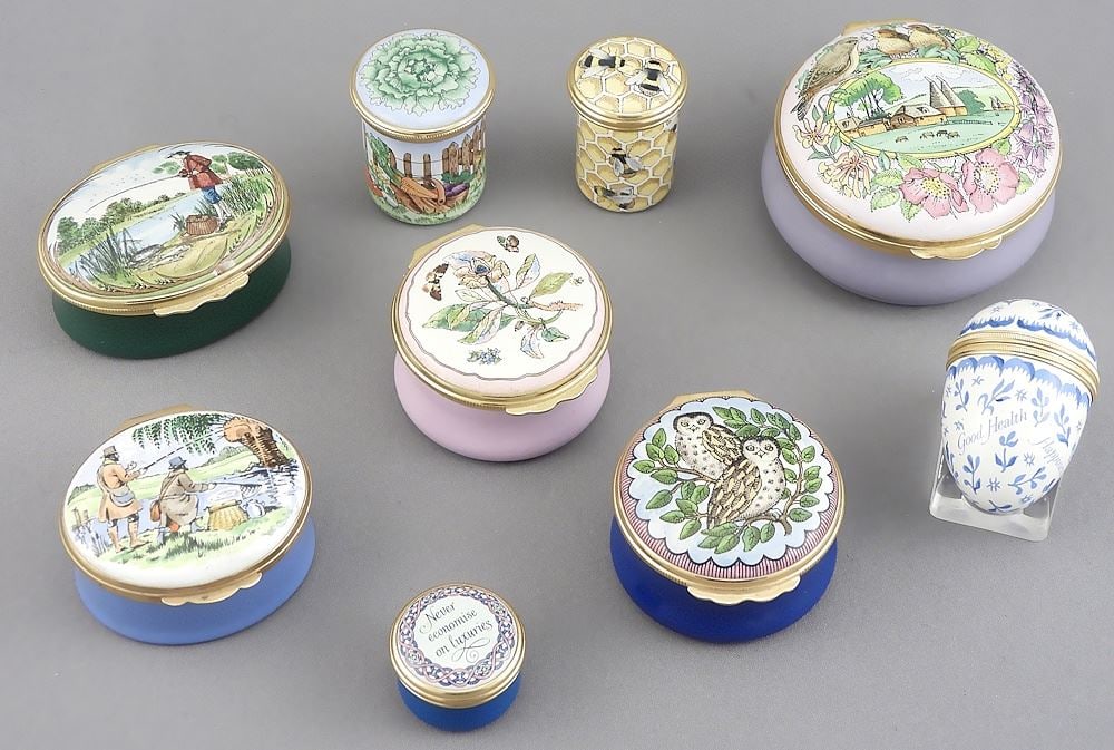 Collection of Nine Halcyon Days & Other Enamel Boxes, Largest 2 1/4". (1 of 2)