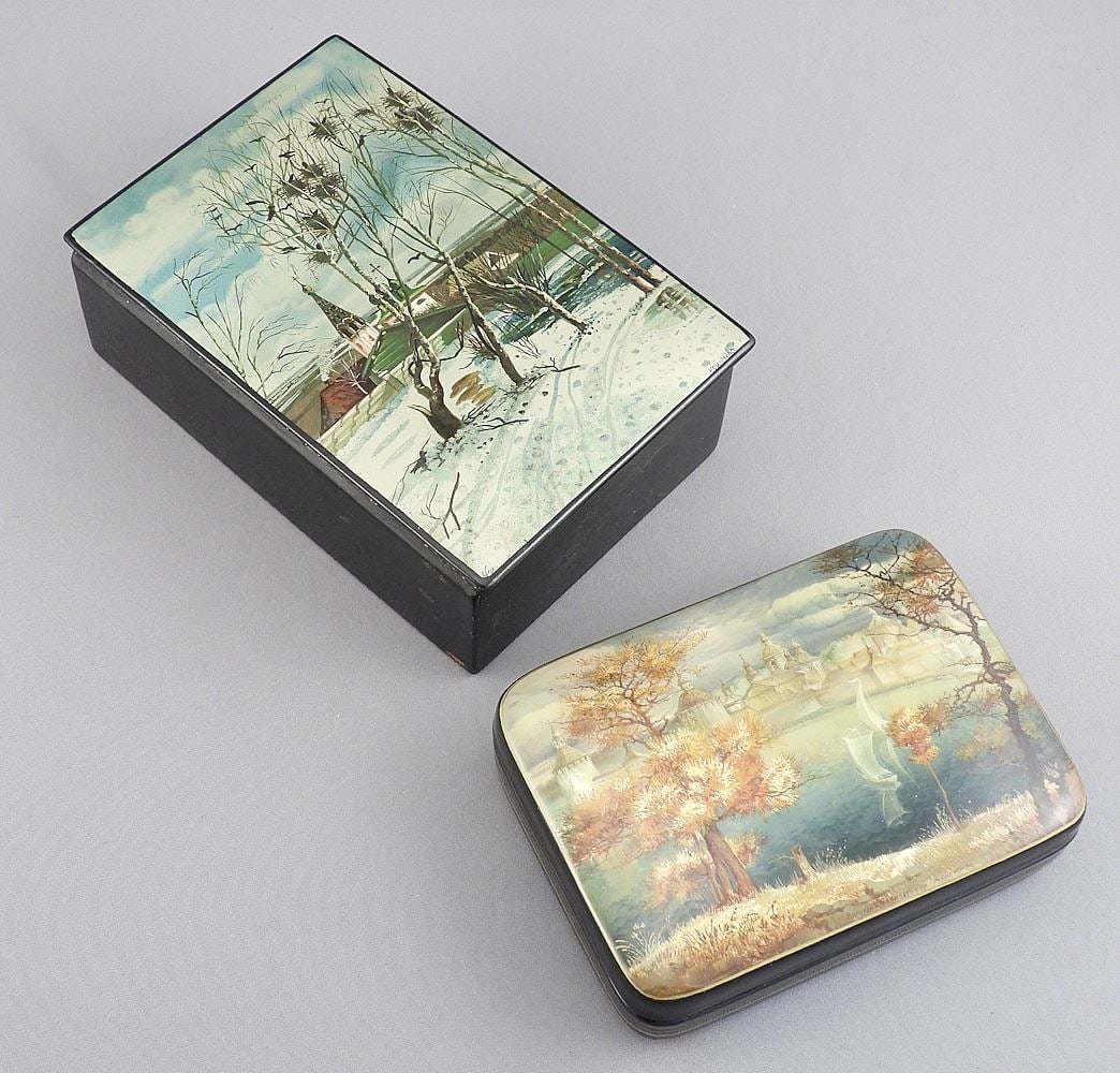 Two Russian Lacquer Boxes, signed, 3 1/2 x 4 1/8"w. (1 of 6)