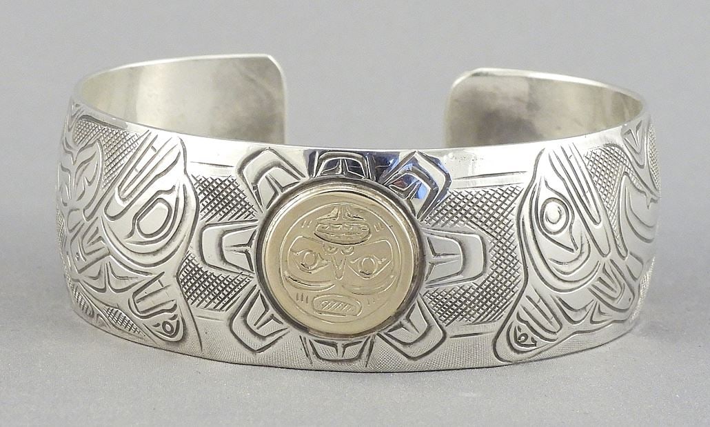 Kwagiulth Silver & Gold "Sun & Orca" Bracelet Monogrammed GH (Graham Henry), 1"h, 47g. (1 of 3)