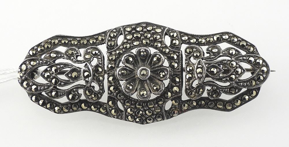 Art Deco Sterling Silver (925) & Marcasite Brooch, 2"w, 9.1g (possibly German). (1 of 3)