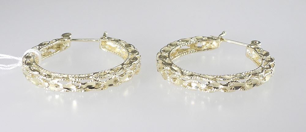 Pair of 14K (marked)Fancy Hoop Earrings, 1 1/4" Diameter, 8g. (1 of 3)