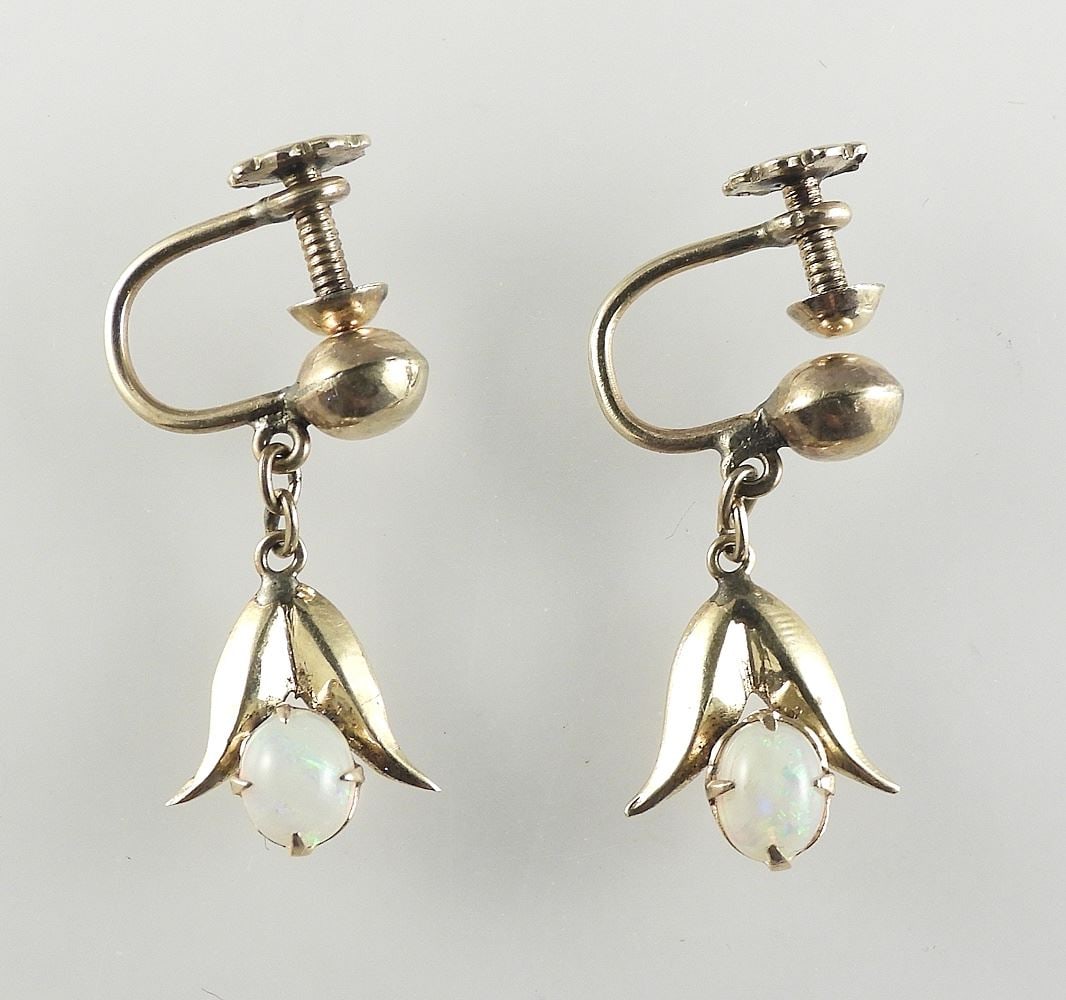 Pair of 18K (marked) Yellow Gold & Opal Screw Back Earrings, 3.5g. (1 of 4)
