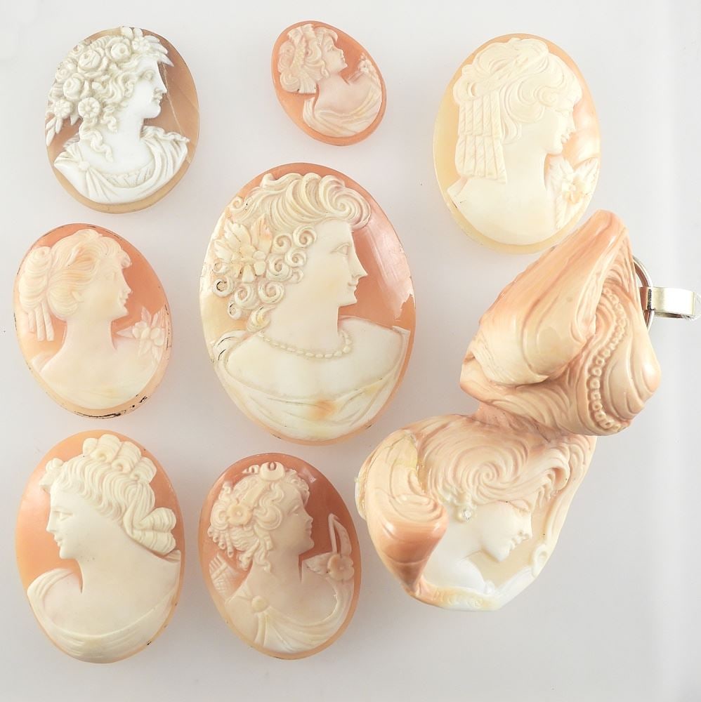 Collectionof Shell Cameos & Baroque Pendant with Diamond Feature, 1- 2 3/4"h (restored).: Collectionof Shell Cameos & Baroque Pendant with Diamond Feature, 1- 2 3/4"h (restored).