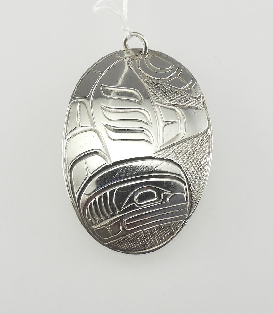 Kwagiulth Silver "Orca" Pendant Monogrammed DL (Don Lancaster) with Chain, 2 1/8"h, TW 14g. (1 of 3)