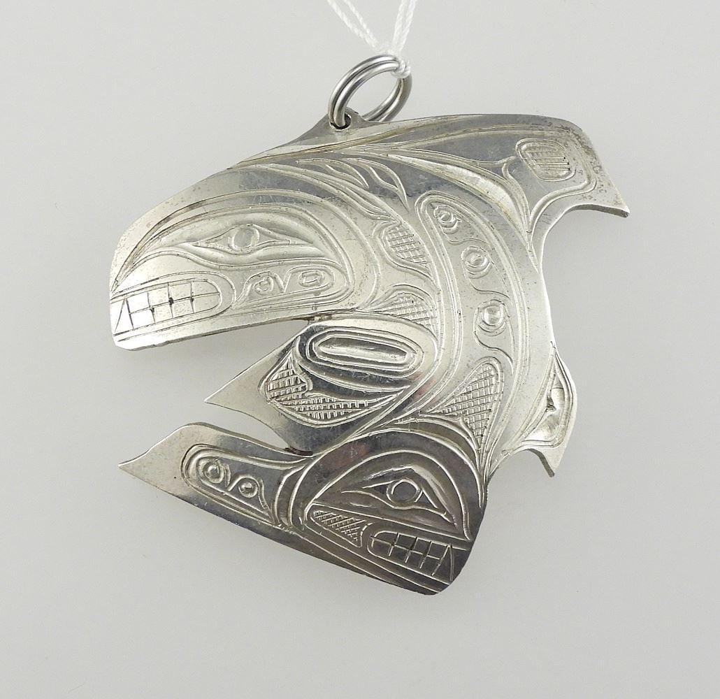 Haida Silver "Bella Coola Killer Whale" Pendant signed H. Schooner Feb.10/81, 1 3/4"h, 12g. (1 of 2)