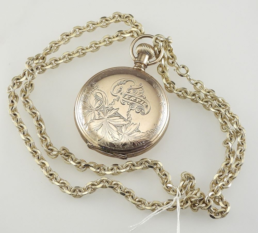 Waltham Pocket Watch (1 5/8" Diam., Approx. 52g) on Gold Plate Chain, 23"L (inscribed Gertie). (1 of 6)