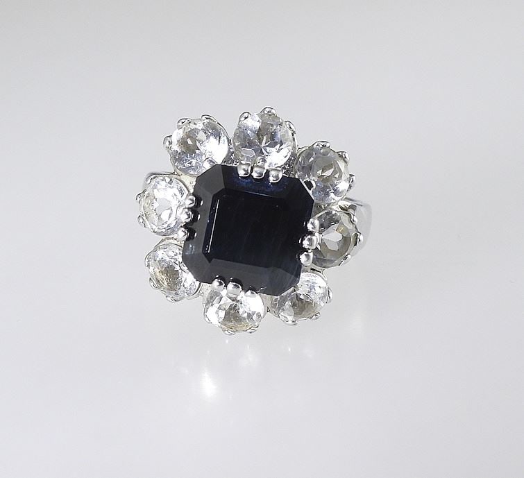 Sterling Silver Black Spinel & White Topaz Cocktail Ring, Size 8, 9.3g. (1 of 6)