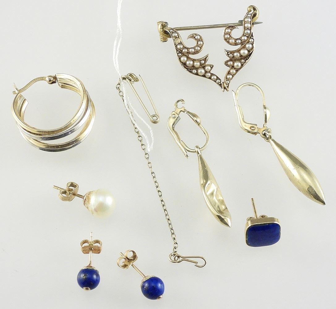 14K Earring/2 Damaged Earrings/4 Various Earrings/Safety Chain (6.85g )/& Plated Pin. (1 of 1)