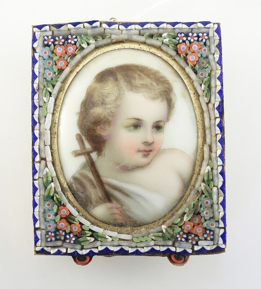 Micro Mosaic Frame with Porcelain Plaque of Infant Christ, 2 3/8"h. (1 of 2)