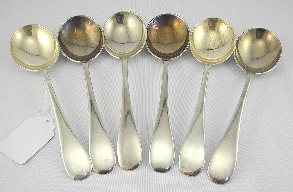 Six Roden Bros. Sterling Silver Soup Spoons, 6 7/8"L, 310g. (1 of 3)