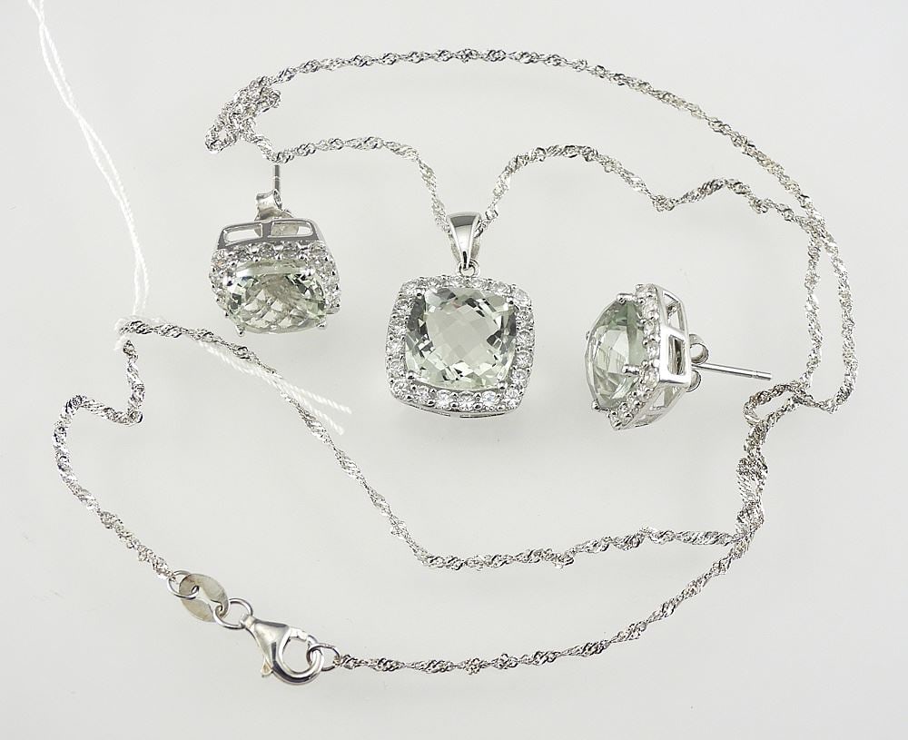 Sterling Silver (925) & Green Amethyst & CZ Necklace & Earrings, 16.5"L, TW 9g. (1 of 3)