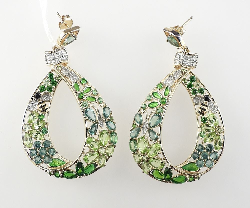 Pair of Gilt Sterling Silver (925/ STS) Semi Precious Gemstone Cocktail Earrings, 2 3/8"h, 20.9g. (1 of 3)