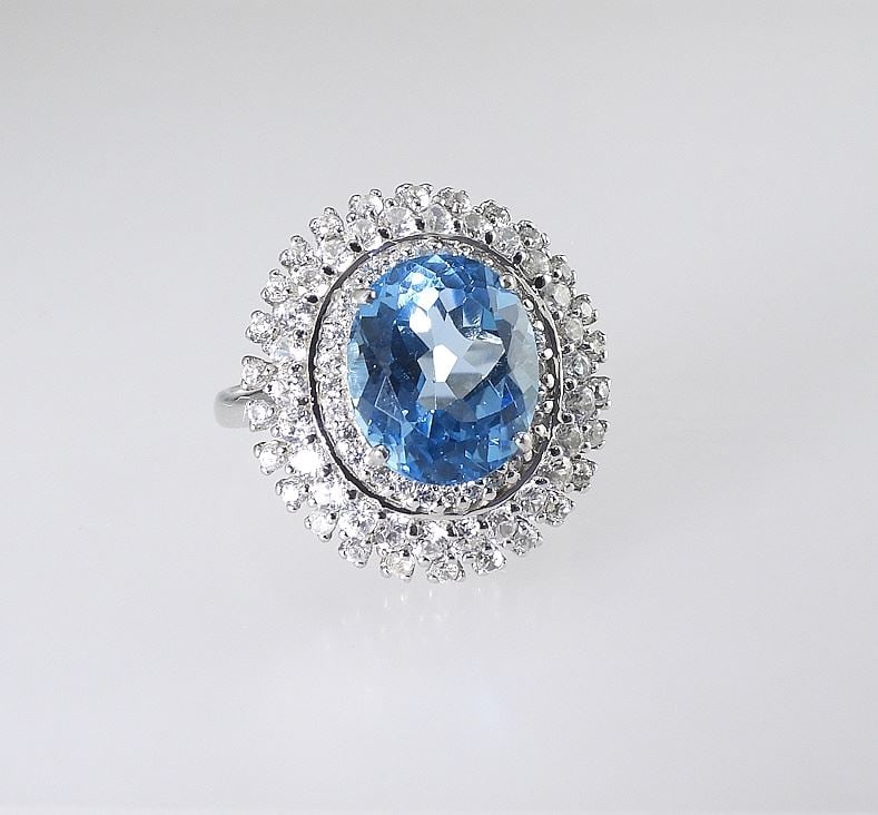 Sterling Silver Swiss Blue Topaz & Natural Zircon Cocktail Ring, Size 7 3/4, 6.1g. (1 of 5)