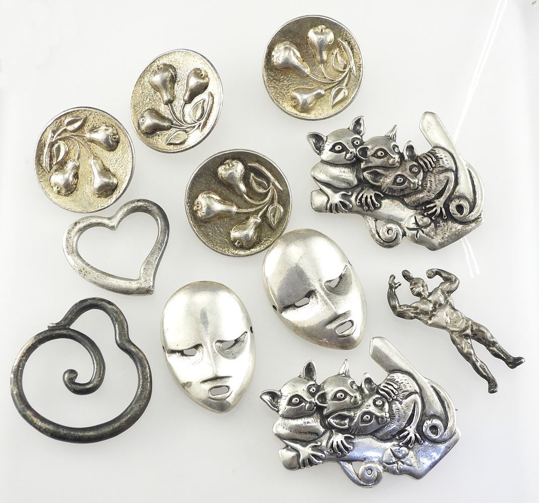 Collection of Sterling (marked) Silver Brooches/Buttons/Jewelry, 111g. (1 of 1)