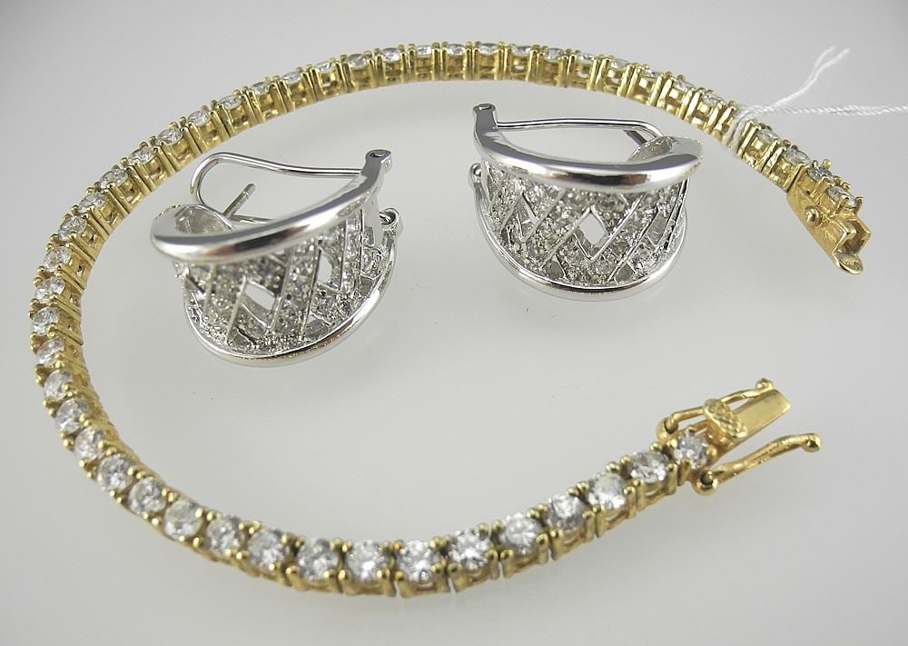 Gold Plated Sterling Silver (marked 925) & Zircon Tennis Bracelet (7"L) & Earrings. (1 of 3)