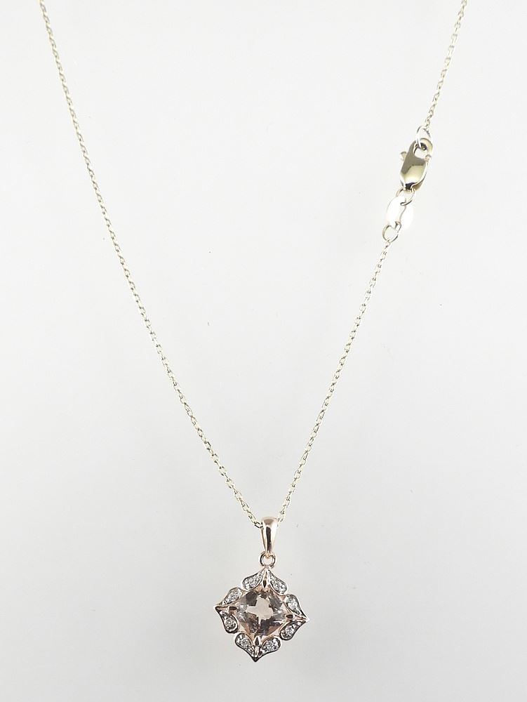 14K (marked) Morganite & Diamond Pendant on 10K (marked) Chain, 17"L, 1.65g. (1 of 2)