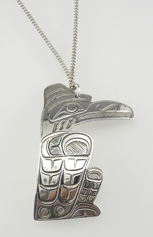 Kwagiulth Silver "Raven" Pendant Mongrammed DL (Don Lancaster) w/ Chain, 2 1/8"h, 14g. (1 of 3)