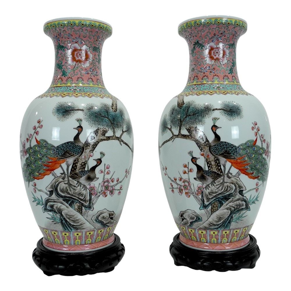 Pair of Chinese Famille Rose Porcelain "Peacock" Vases (14"h) with Stands. (1 of 5)